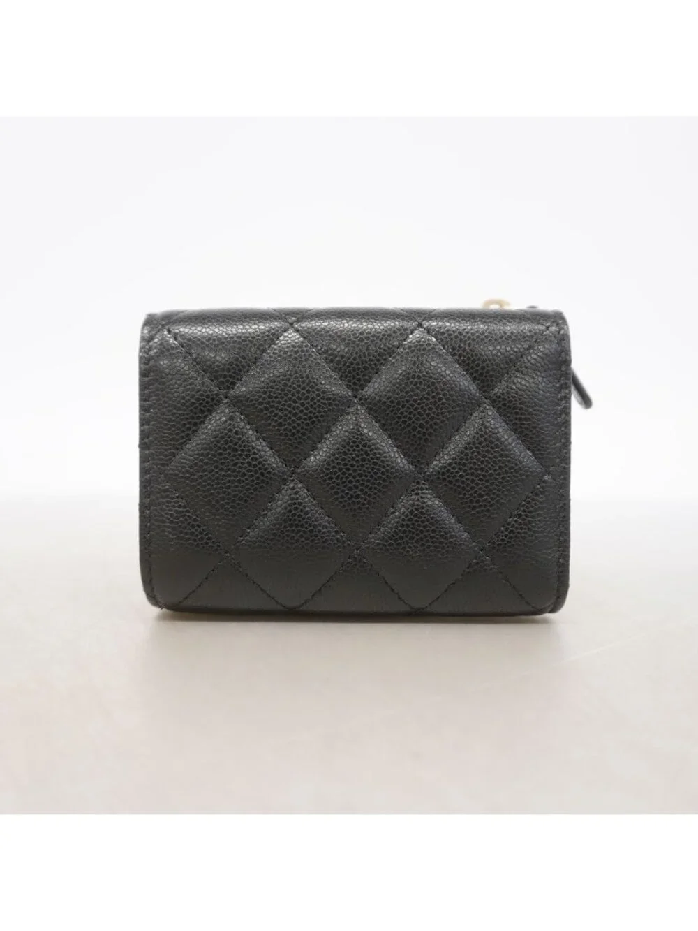 Chanel Trifold Wallet Quilted Caviar Leather Black Champagne Gold
